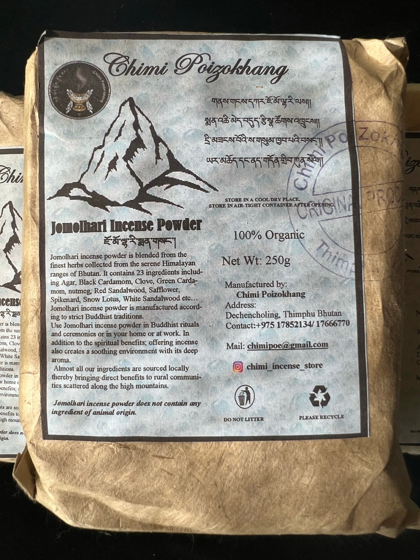 Polvo de Jomolhari| Incienso estilo Himalaya de Bután | 250 gramos | Incienso Chimí