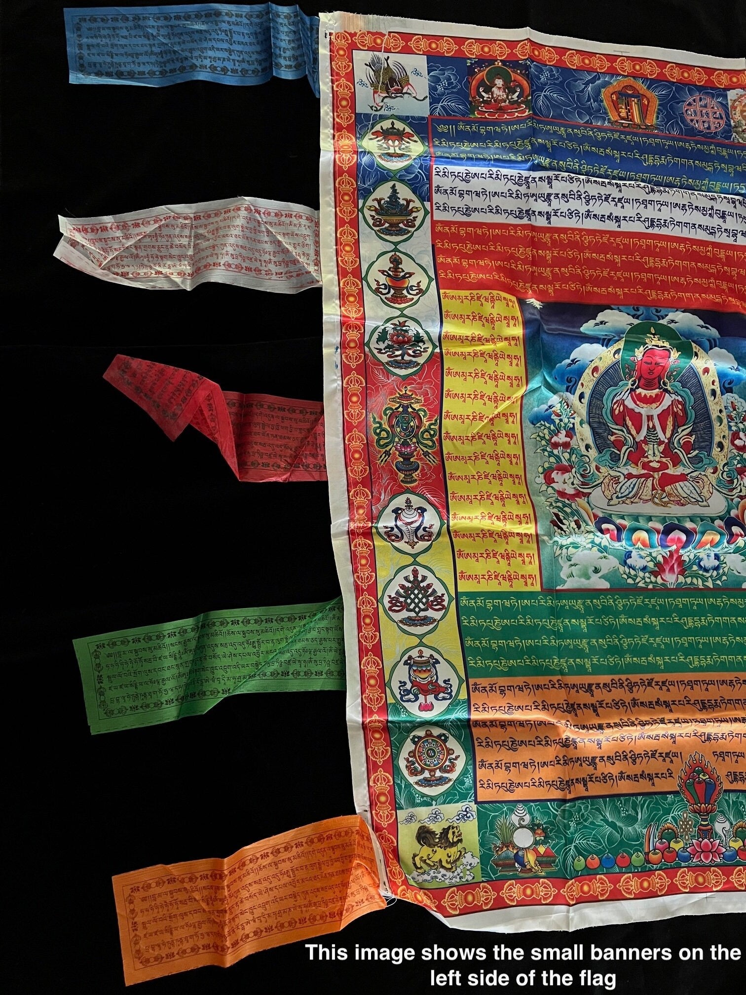 Huge Chenrezig Prayer Flag Banner |Tibetan Prayer Flags | 27in x 36in | 1 single flag | Poly Silk | vertical flag or wall