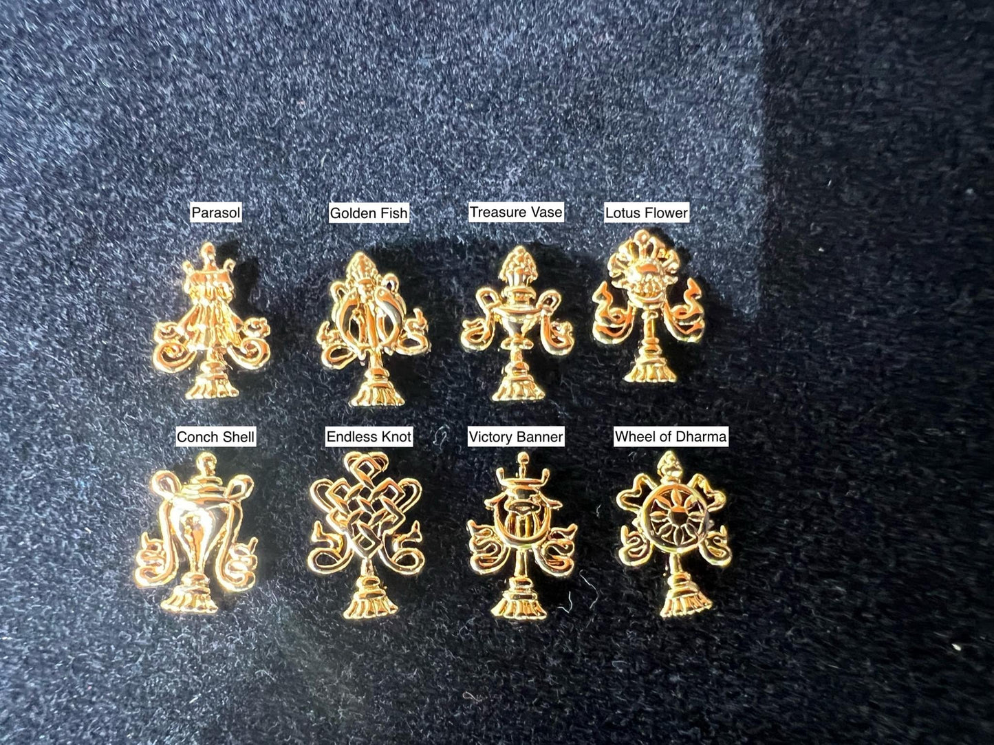 Tiny Eight Auspicious Symbols | 18 Carat Gold Gilt over 925 Sterling Silver | set of 8 symbols | Approx. 1/2 inches high | Mandala Offering