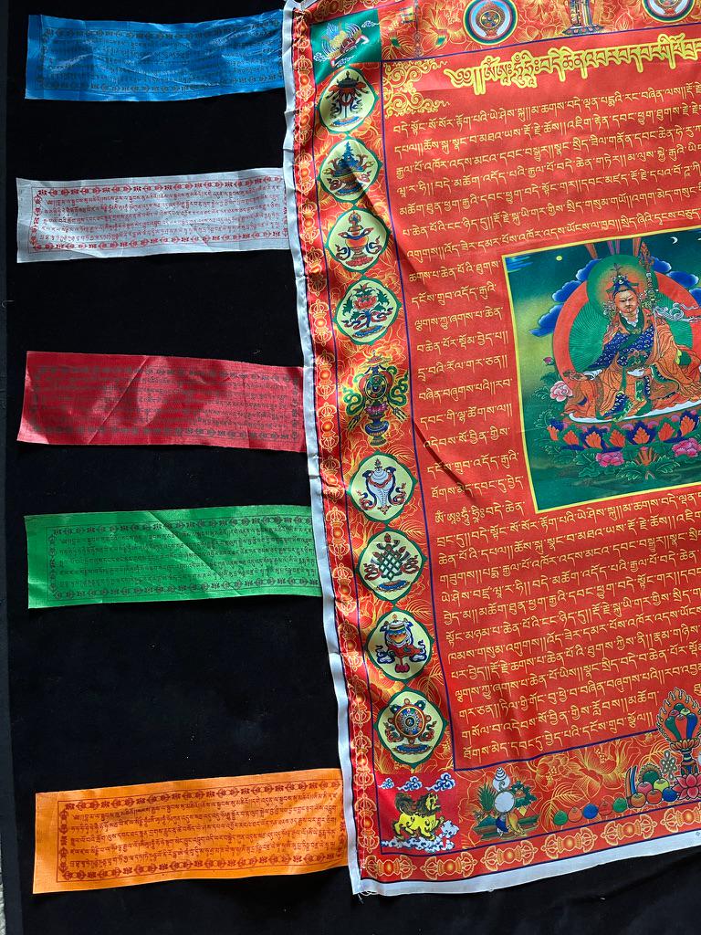 Huge Guru Rinpoche Red Border Prayer Flag Banner | 27in x 36in | 1 single flag | Poly Silk | vertical flag or wall | Wangdü Soldep