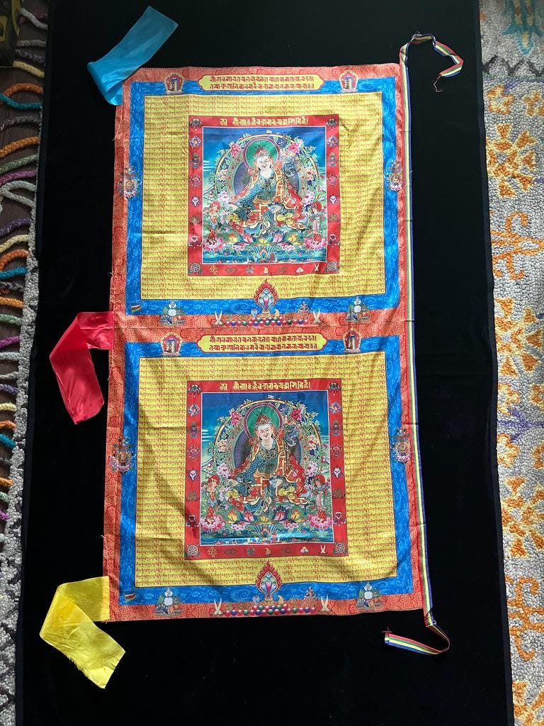 Huge Guru Rinpoche Double Panel Prayer Flag Banner | 28in x 50 1/2in | 1 single flag | Poly Silk | vertical flag or wall