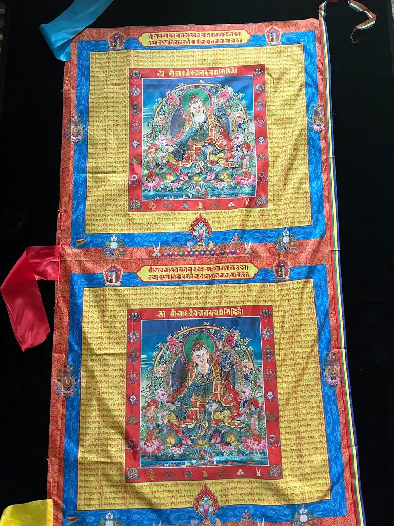 Huge Guru Rinpoche Double Panel Prayer Flag Banner | 28in x 50 1/2in | 1 single flag | Poly Silk | vertical flag or wall