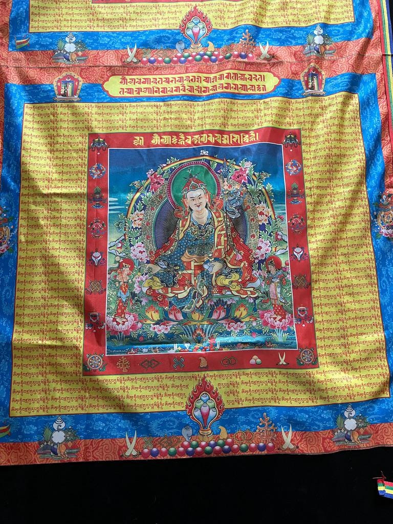 Huge Guru Rinpoche Double Panel Prayer Flag Banner | 28in x 50 1/2in | 1 single flag | Poly Silk | vertical flag or wall