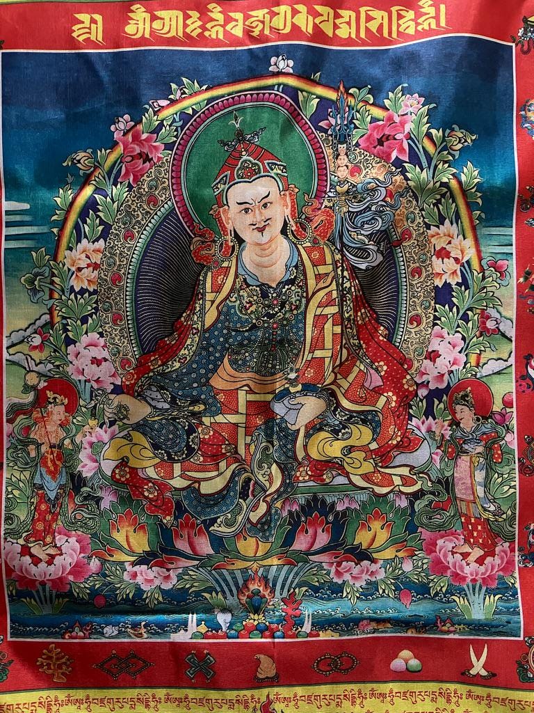 Huge Guru Rinpoche Double Panel Prayer Flag Banner | 28in x 50 1/2in | 1 single flag | Poly Silk | vertical flag or wall