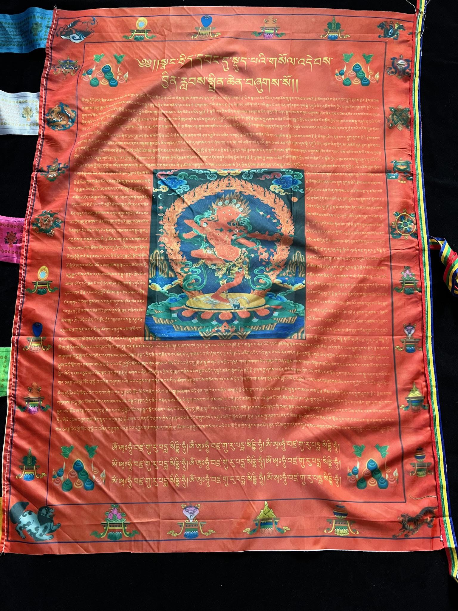 Huge Wangdü Soldep Prayer Flag Banner |Great Cloud of Blessings| 27in x 36in | 1 single flag | Poly Silk | vertical flag or wall | Kurukulle