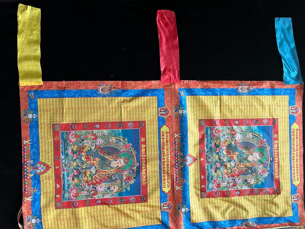 Huge Guru Rinpoche Double Panel Prayer Flag Banner | 28in x 50 1/2in | 1 single flag | Poly Silk | vertical flag or wall