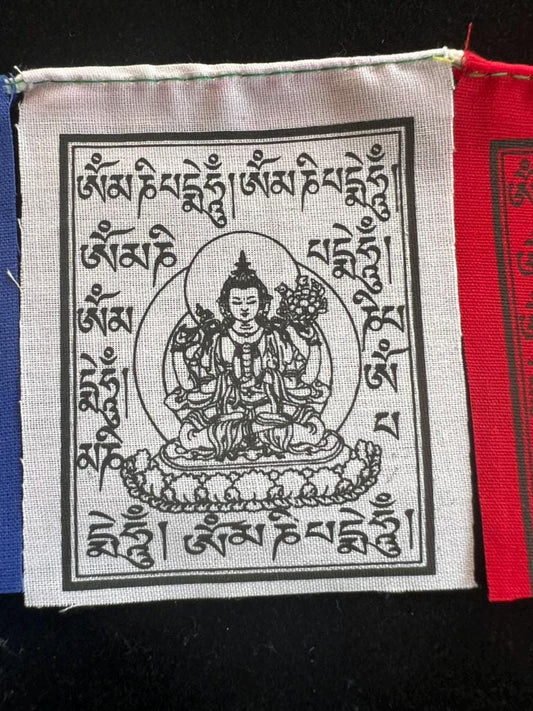 Tiny Chenrezig Tibetan Prayer Flags | 2.7in x 3.3in | 1 set of 10 flags | Nepal | Om Mani Padme Hung