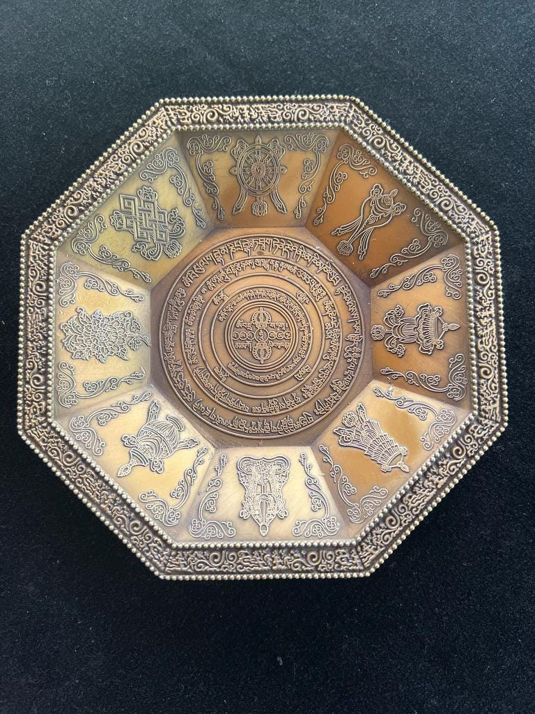 Brass Sang Offering Plate | With Engraved Takdröl and Eight Auspicious Symbols | Incense Burner | Approx. 6 1/2 inch Diameter