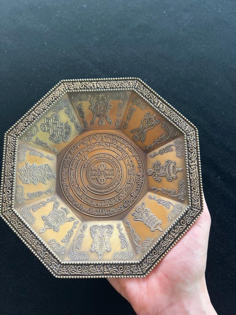 Brass Sang Offering Plate | With Engraved Takdröl and Eight Auspicious Symbols | Incense Burner | Approx. 6 1/2 inch Diameter