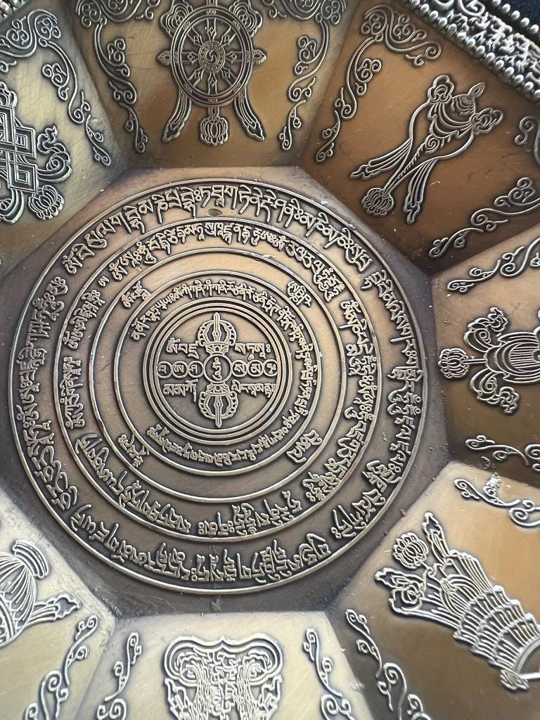 Brass Sang Offering Plate | With Engraved Takdröl and Eight Auspicious Symbols | Incense Burner | Approx. 6 1/2 inch Diameter