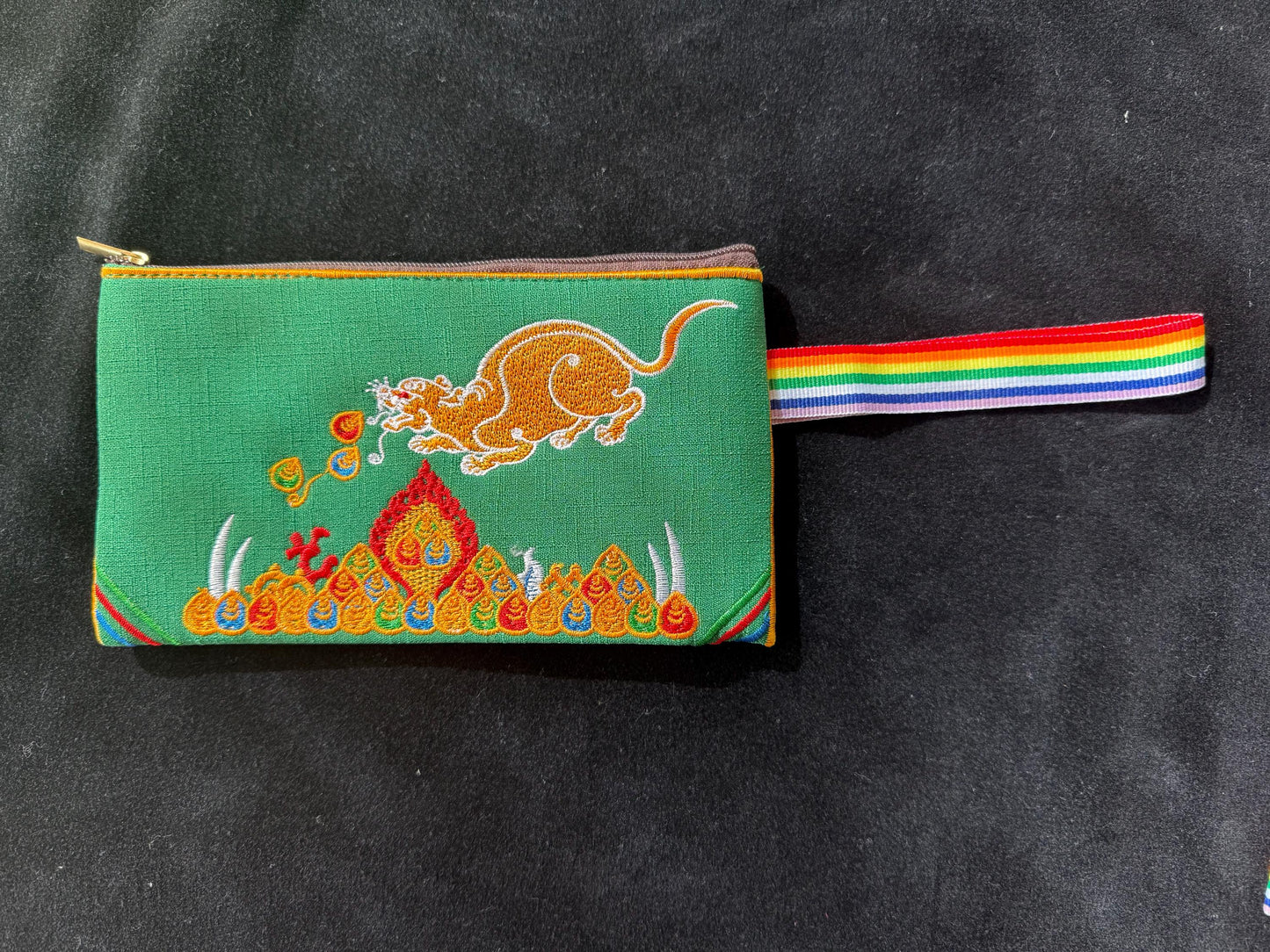 Jewel Spitting Mongoose Embroidered Pouch | Zippered | Approx 4in x 7.5in | Tibet | Nehulay | 1 pouch burgundy or green