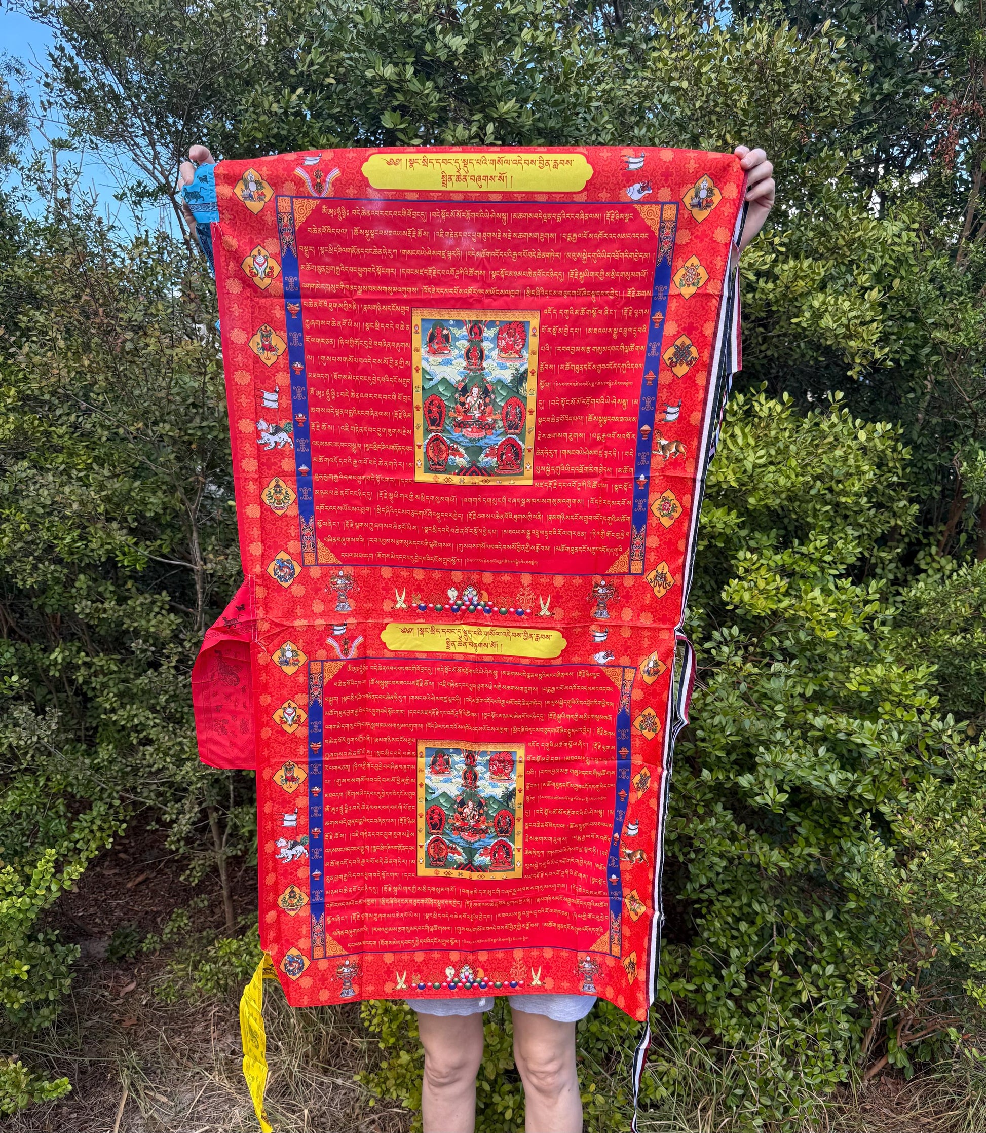 Huge Wangdü Soldep DOUBLE Prayer Flag Banner |Great Cloud of Blessings| 28in x 50in | 1 single flag | Poly Silk | vertical flag or wall