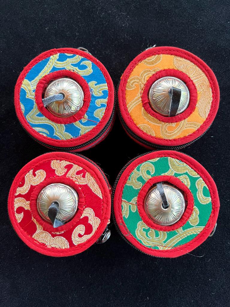 Tibetan Tingsha with Cover | Approx 3in diameter | Nepal | Assorted Cover Colors | Om Mani Padme Hung