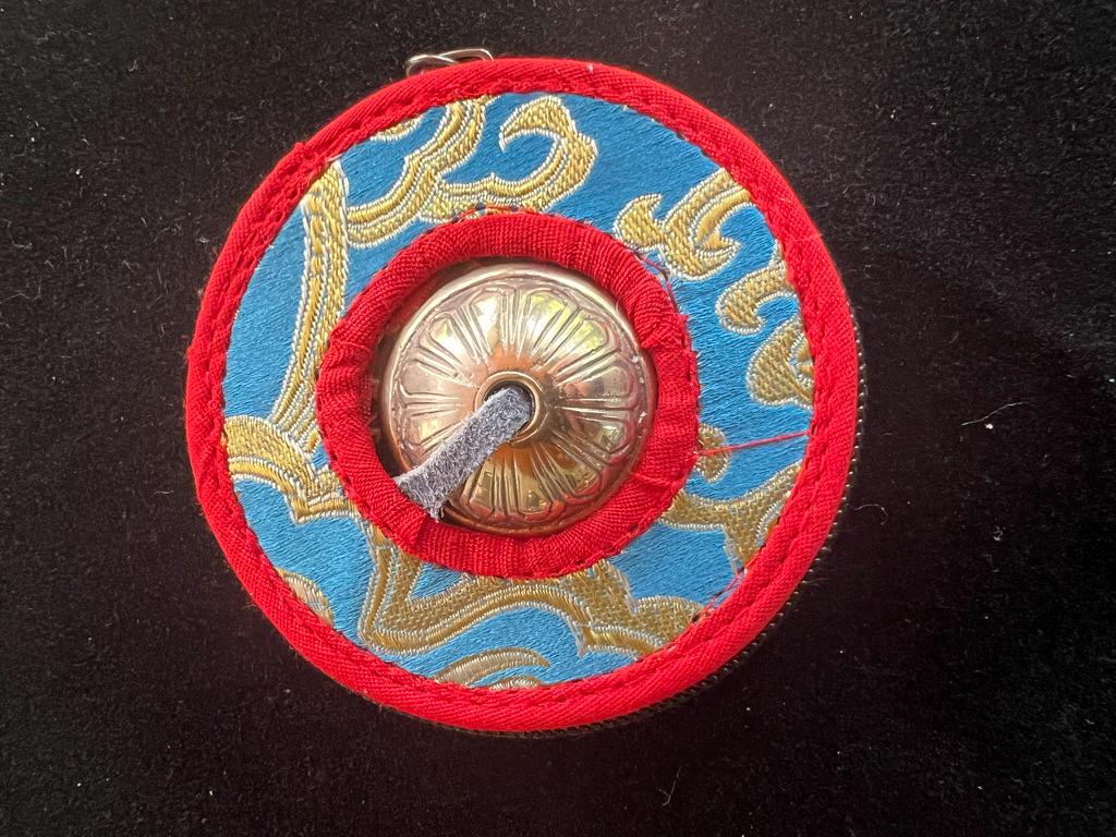 Tibetan Tingsha with Cover | Approx 3in diameter | Nepal | Assorted Cover Colors | Om Mani Padme Hung