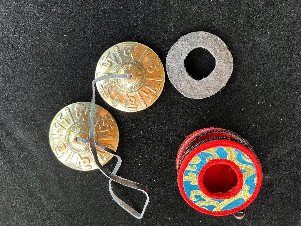 Tibetan Tingsha with Cover | Approx 3in diameter | Nepal | Assorted Cover Colors | Om Mani Padme Hung