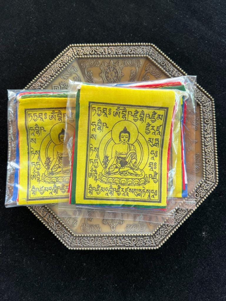 Tiny Medicine Buddha Tibetan Prayer Flags | 2.7in x 3.3in | 1 set of 10 flags | Nepal |