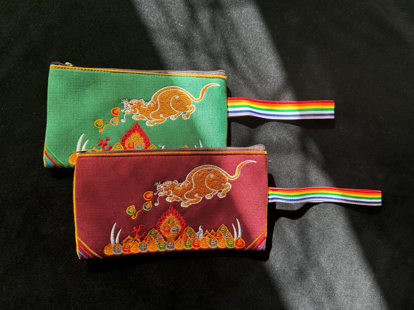 Jewel Spitting Mongoose Embroidered Pouch | Zippered | Approx 4in x 7.5in | Tibet | Nehulay | 1 pouch burgundy or green