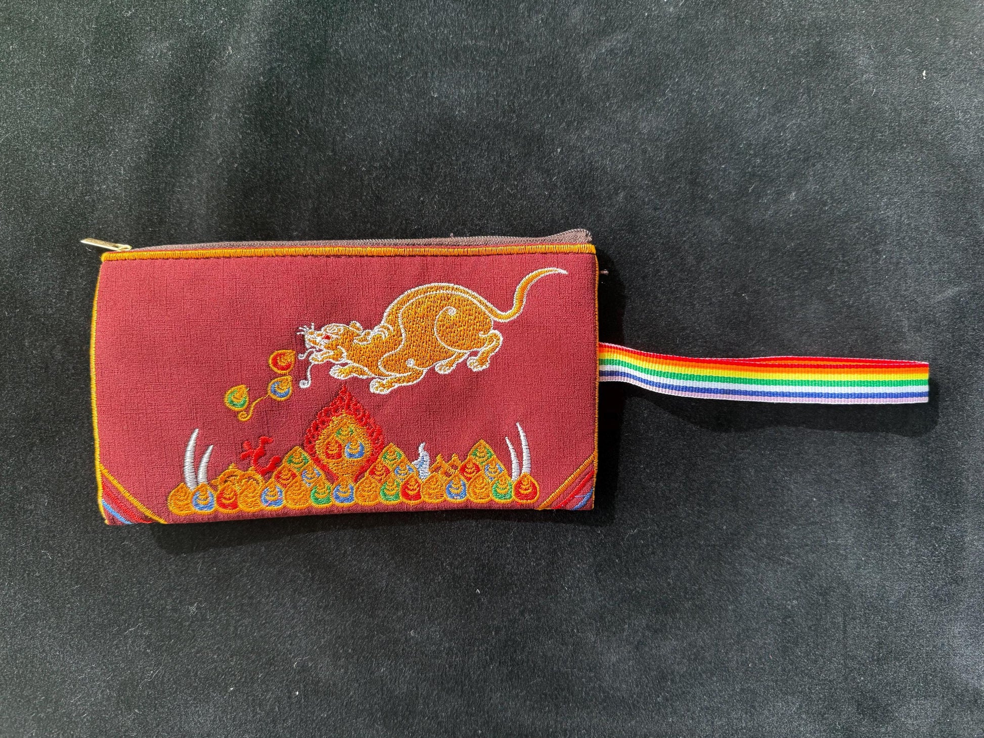 Jewel Spitting Mongoose Embroidered Pouch | Zippered | Approx 4in x 7.5in | Tibet | Nehulay | 1 pouch burgundy or green