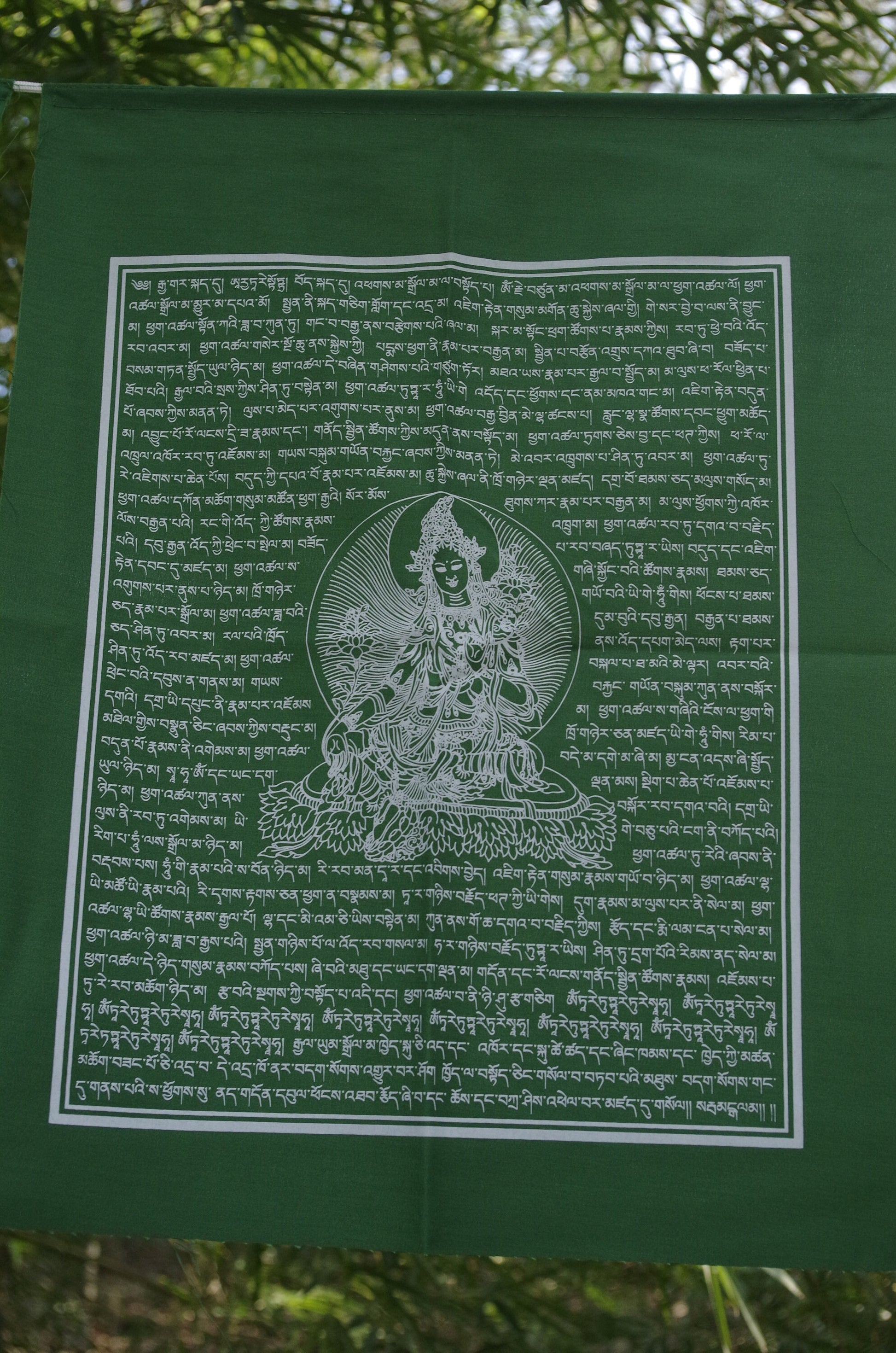A single flag from a 5 flag strand of high-quality Green Tara Tibetan prayer flags, with white ink on green cloth, each measuring 14x17 inches and hanging outdoors.
