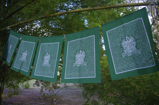 A 5 flag strand of high-quality Green Tara Tibetan prayer flags, with white ink on green cloth, each measuring 14x17 inches and hanging outdoors.