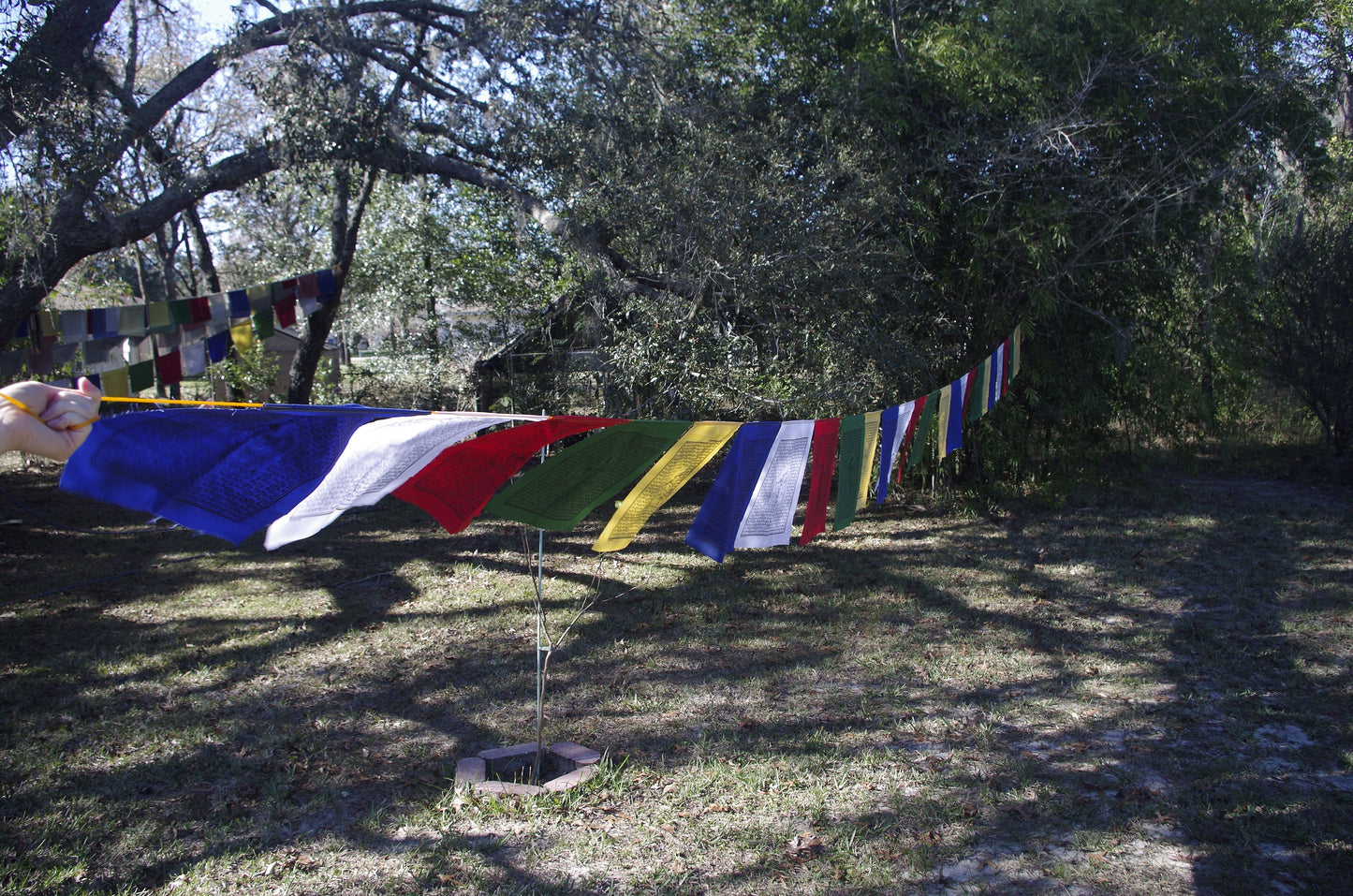 A strand of 25 Chenrezig prayer flags in 5 colors, each 14x17 inches, depicting the Buddha of Compassion hanging outdoors.