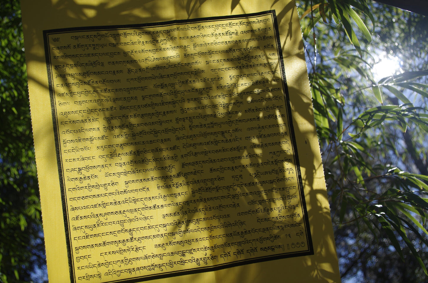 Get a closer look at a yellow flag from a strand of 5 five-colored 14&quot; by 17&quot; flags displaying HH Chatral Rinpoche&#39;s Prayer to Avert Nuclear War, hanging outdoors