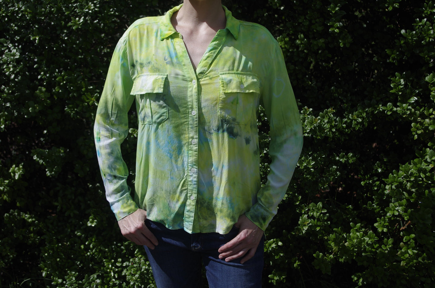 Hand Dyed | Upcycled Long Sleeved Shirt | Womens Medium | Ice Dyed | Kumo Shibori | Beach Wear