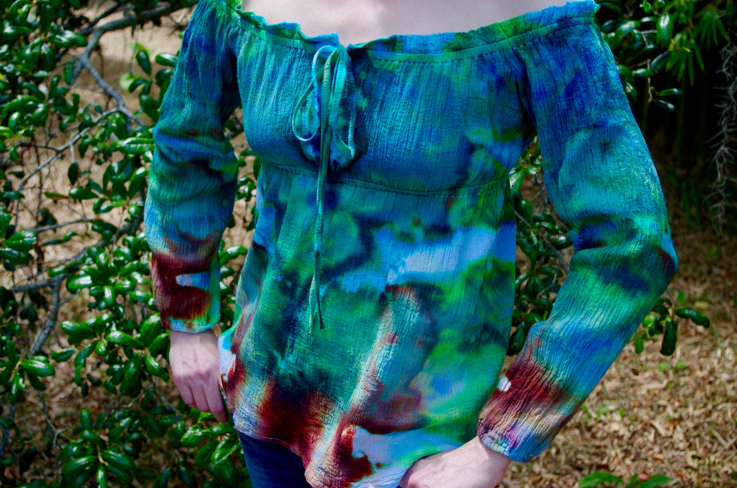 Hand Dyed | Upcycled Gauzy Peasant Blouse | Womens Medium | Ice Dyed | Bohemian