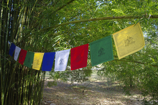 A set of 10 Tibetan prayer flags in five colors, highest quality and measuring 10x10 inches. Imprinted in black ink with the revered image of Guru Rinpoche.