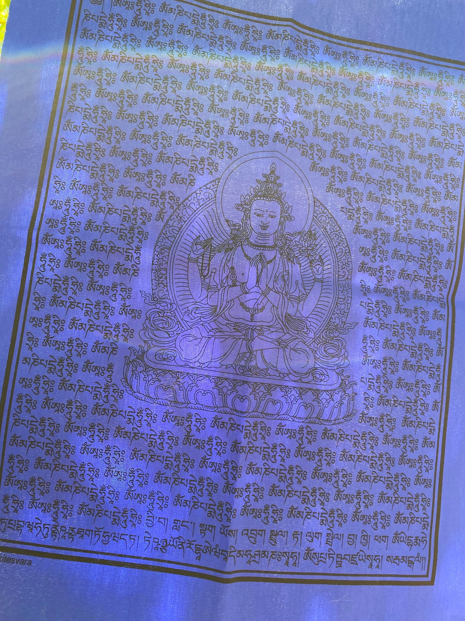 A close up of a single blue 14 by 17 inch Chenrezig, Buddha of Compassion, prayer flag hanging outside in dappled light.