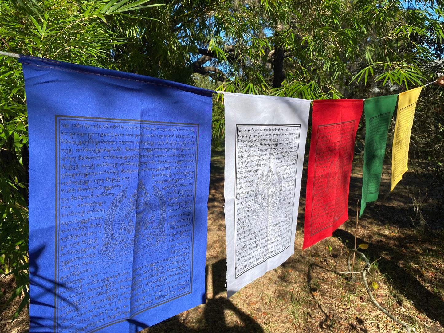 A set of 5 Amitayus prayer flags, The Buddha of Boundless Life hanging outside, featuring blue, white, red, green, and yellow flags representing the five elements  spreading of abundant long life blessings in every direction.