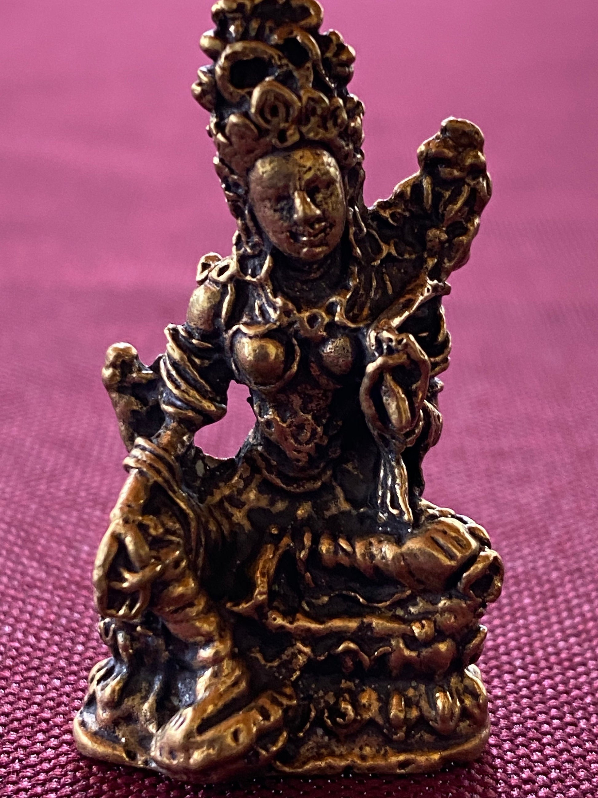 Tiny Brass Green Tara Statue (Style #1) | Handmade | 1.38 inches by .79 inches
