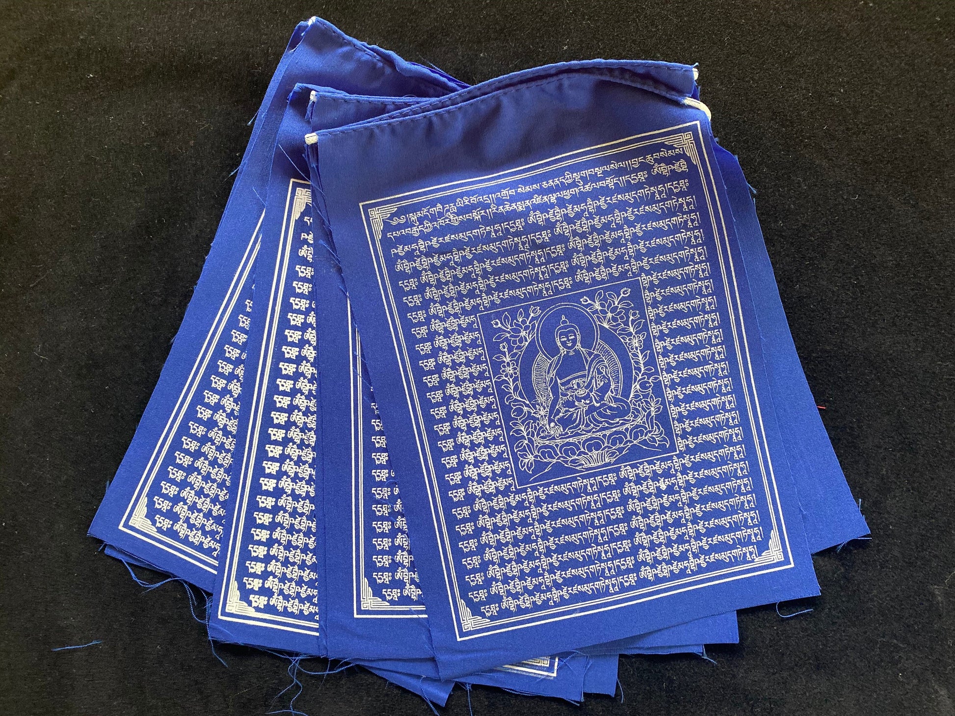 a set of 10 blue Medicine Buddha Tibetan prayer flags, 6x7.5 inch, imprinted with Lord of Lapis Lazuli Light splayed on a black background