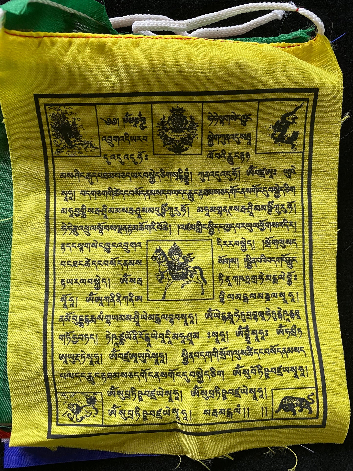 1 yellow flag of Small Tibetan prayer flags with mixed deities, 5x6 inches, 10 flags per roll,  5 colors