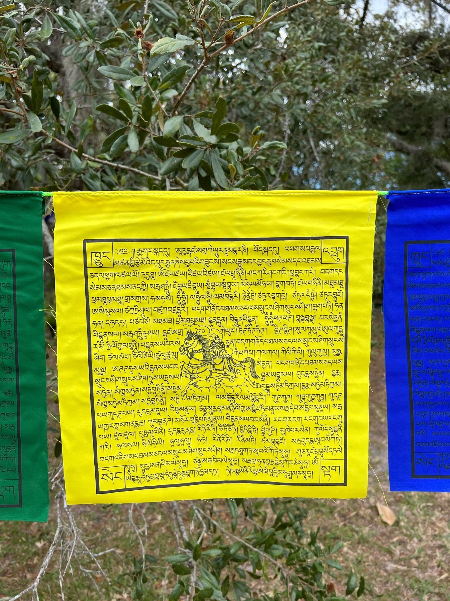 A single yellow flag from a Set of 25 Tibetan prayer flags with Gyaltsen Tsenmö prayers and windhorse designs on 13x13 inch flags in 5 colors. Believed to bring success to virtuous endeavors.