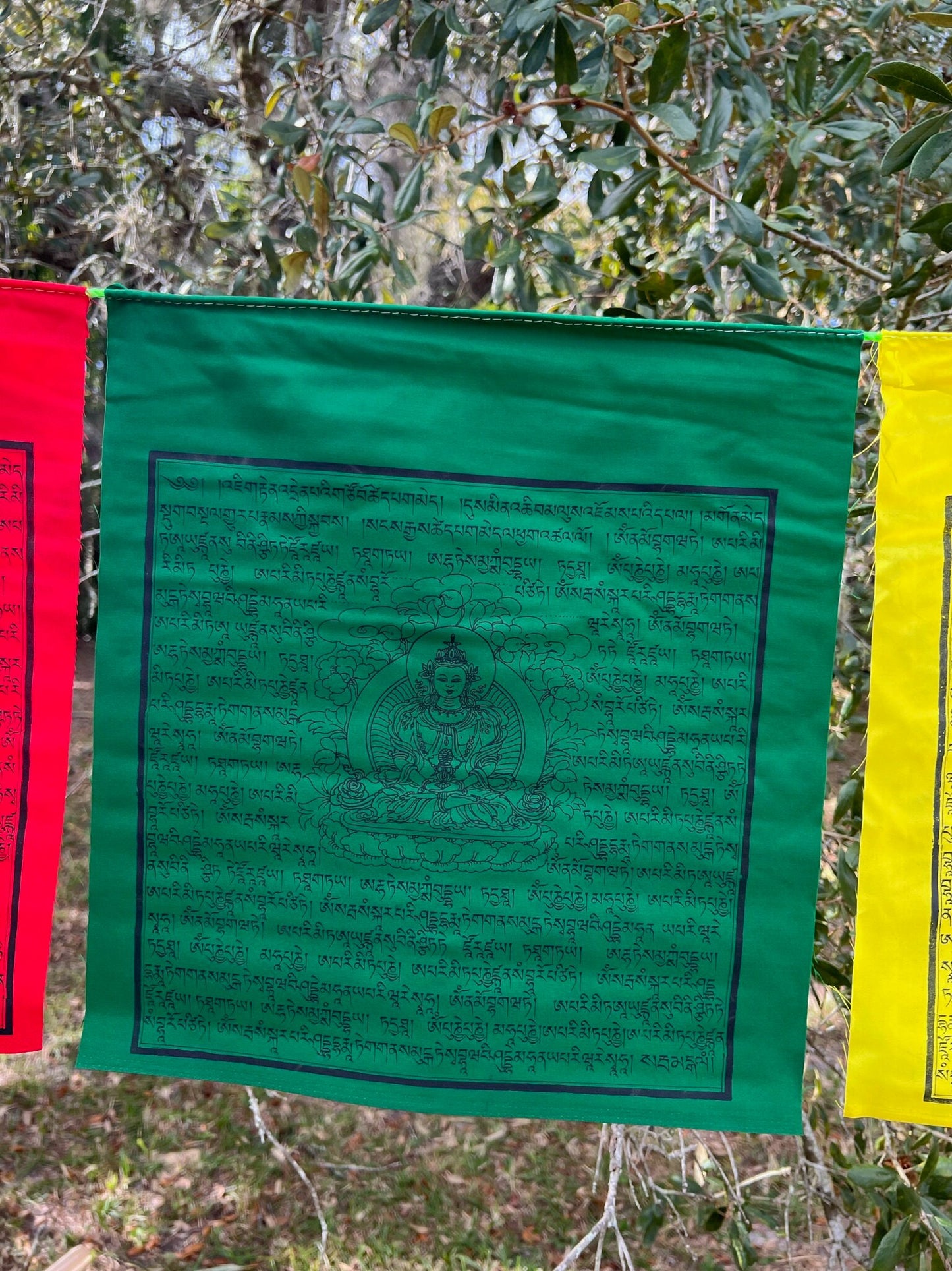 Close-up of green Amitayus flag from a set of 25, featuring central deity image surrounded by Tibetan prayers, symbolizing purity and longevity.