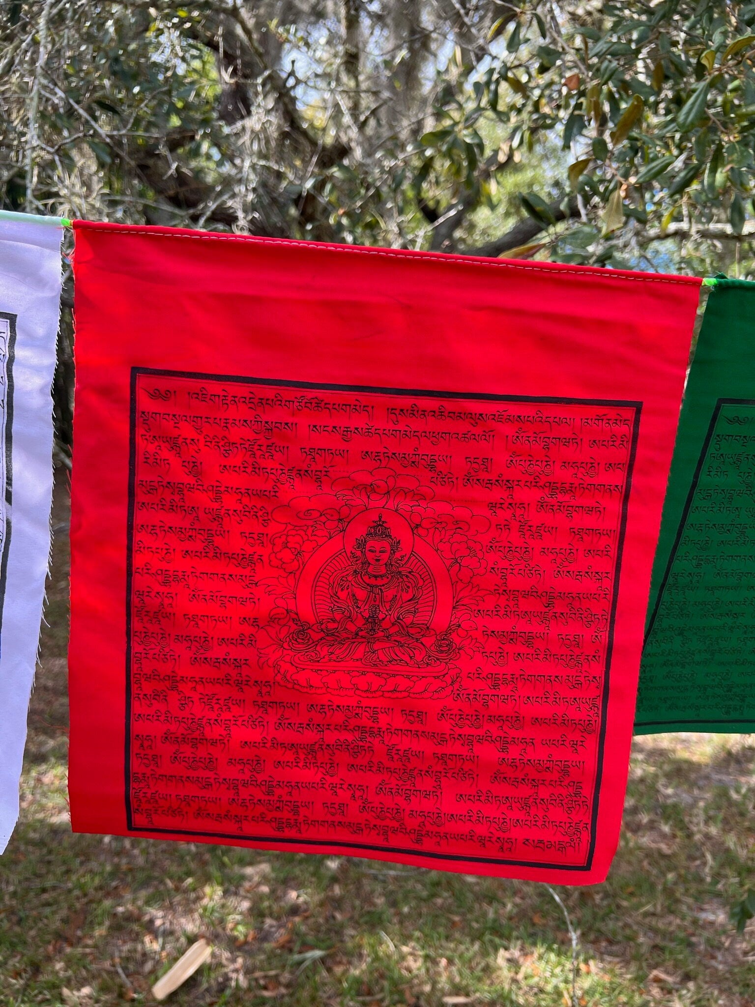 Close-up of red Amitayus flag from a set of 25, featuring central deity image surrounded by Tibetan prayers, symbolizing purity and longevity.