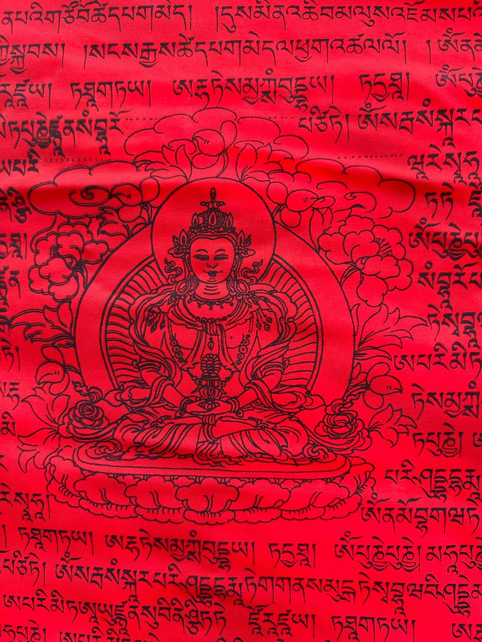 A close up of single flag from a 25 flag strand of vibrant red Amitayus prayer flags hanging outside. Each of the flags are 13&quot;x13&quot;. The detail reveals the Tibetan prayers and the image of Buddha Amitayus.