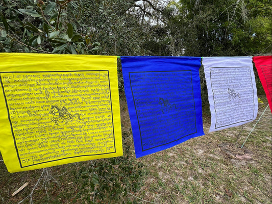 A series from a Set of 25 Tibetan prayer flags with Gyaltsen Tsenmö prayers and windhorse designs on 13x13 inch flags in 5 colors. Believed to bring success to virtuous endeavors.
