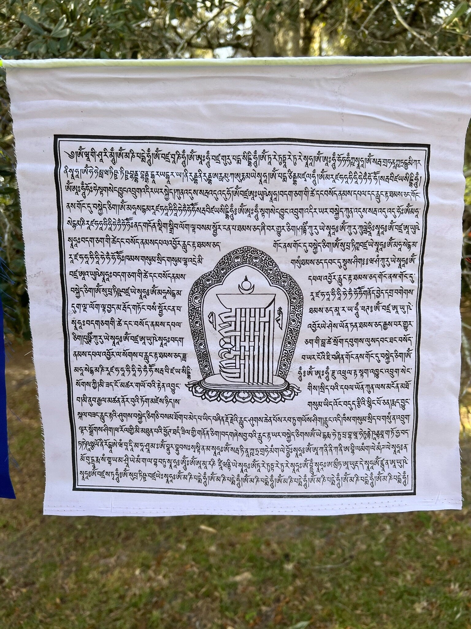 Shimmering white Kalachakra prayer flag, 13&quot;x13&quot; from a 25-flag strand. 5 colors, imprinted with prayers & 10-fold seed syllable.