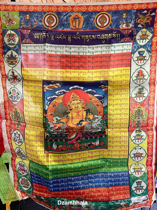 Large 27x36 in Tibetan prayer banner with Dzambhala, deity of wealth and prosperity, holding a mongoose and wish-granting gem.
