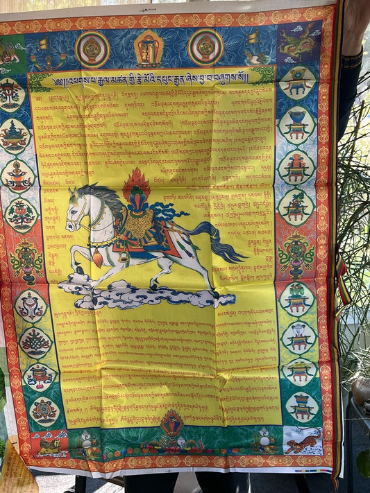 Windhorse Tibetan Prayer Banner: High-quality poly silk flag imprinted with Windhorse Measures 27x39 inches, suitable for hanging on a pole or a wall