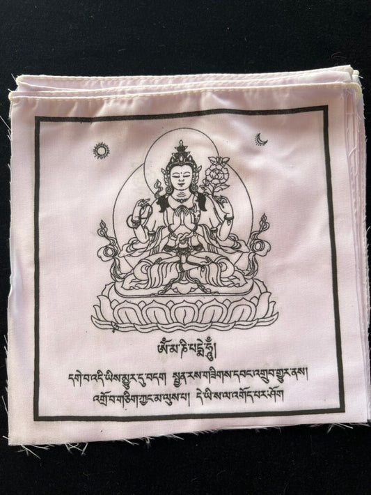 One single 8 by 8 inch flag of an all white set of ten prayer flags of Chenrezig Buddha of Compassion with image and mantra