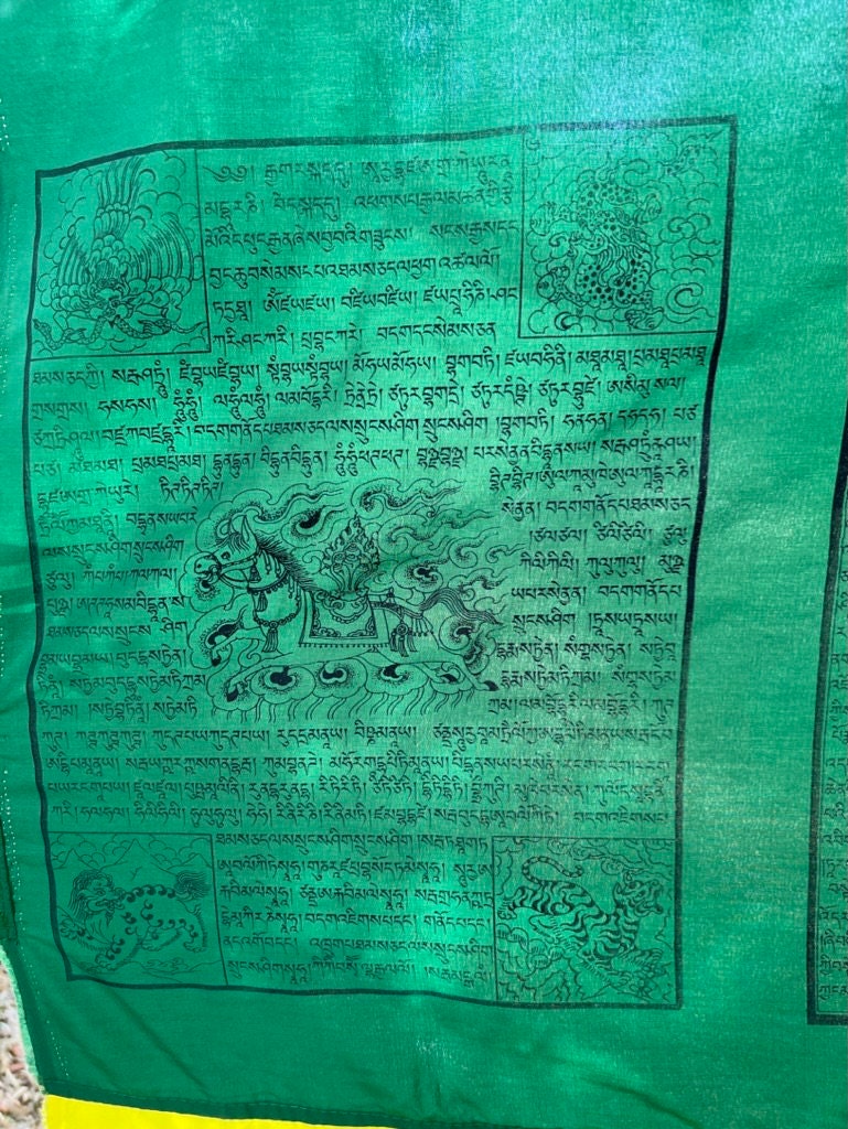 a single green flag from a vertical Tibetan prayer flag banner with deity images in 5 colors on 5 streamers. Design made to hang on a pole. 28x81 inches.