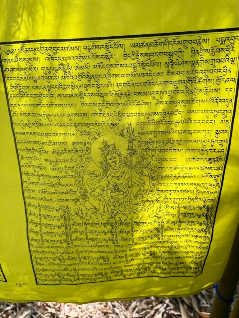 a single yellow flag from a vertical Tibetan prayer flag banner with deity images in 5 colors on 5 streamers. Design made to hang on a pole. 28x81 inches.
