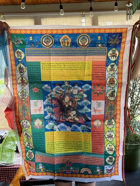 King Gesar Tibetan Prayer Banner: High-quality poly silk flag imprinted with King Gesar. Measures 27x39 inches, suitable for hanging on a pole or a wall