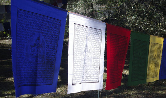 A strand of 5 Chenrezig prayer flags in 5 colors, each 14x17 inches, depicting the Buddha of Compassion hanging outdoors.
