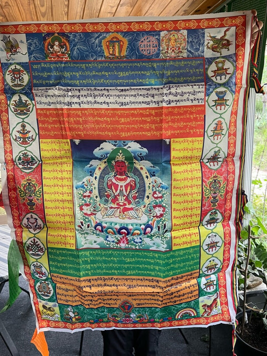 Huge Amitayus Prayer Flag Banner |Tibetan Prayer Flags | 27in x 36in | 1 single flag | Poly Silk | vertical flag or wall | Tsepamé