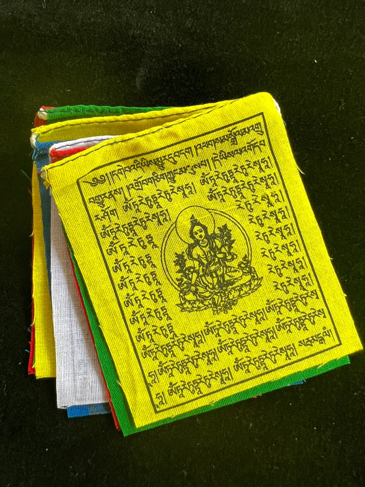 Tiny Green Tara Tibetan Prayer Flags | 2.7in x 3.3in | 1 set of 10 flags | Jetsun Dölma