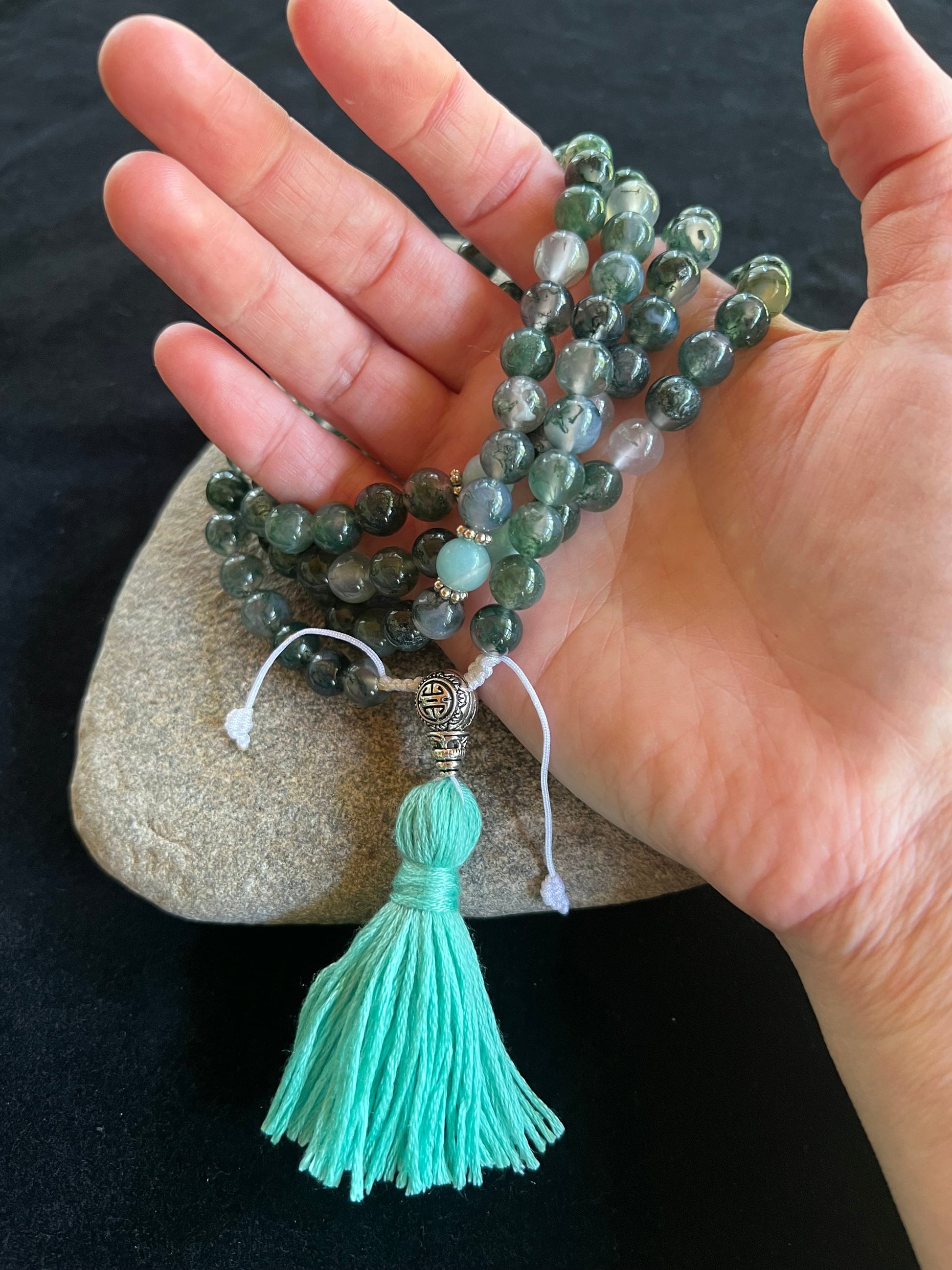 Moss Agate Mala | 108 Moss Agate beads, 3 Amazonite beads, Tassel | 8mm | Free storage pouch | Handmade | Adjustable
